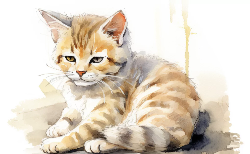 A watercolor painting of a kitten with pink eye.