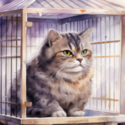 A watercolor painting of a cat with diabetes mellitus, as it doesn't produce enough insulin, in a cage.