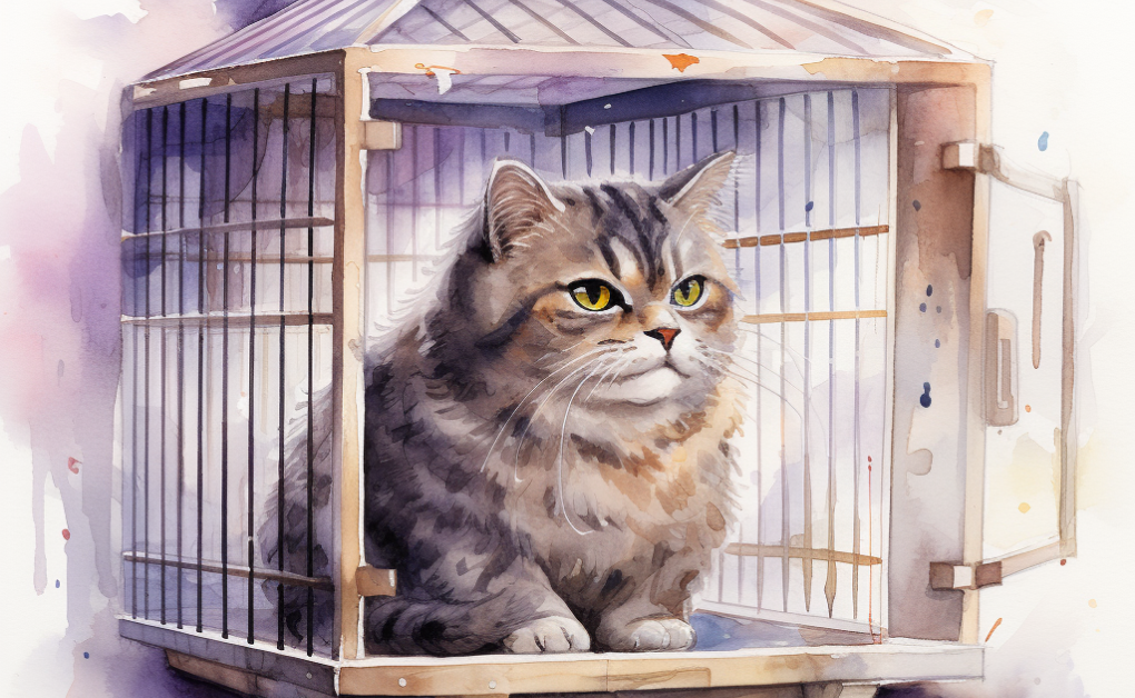 A watercolor painting of a cat with diabetes mellitus, as it doesn't produce enough insulin, in a cage.