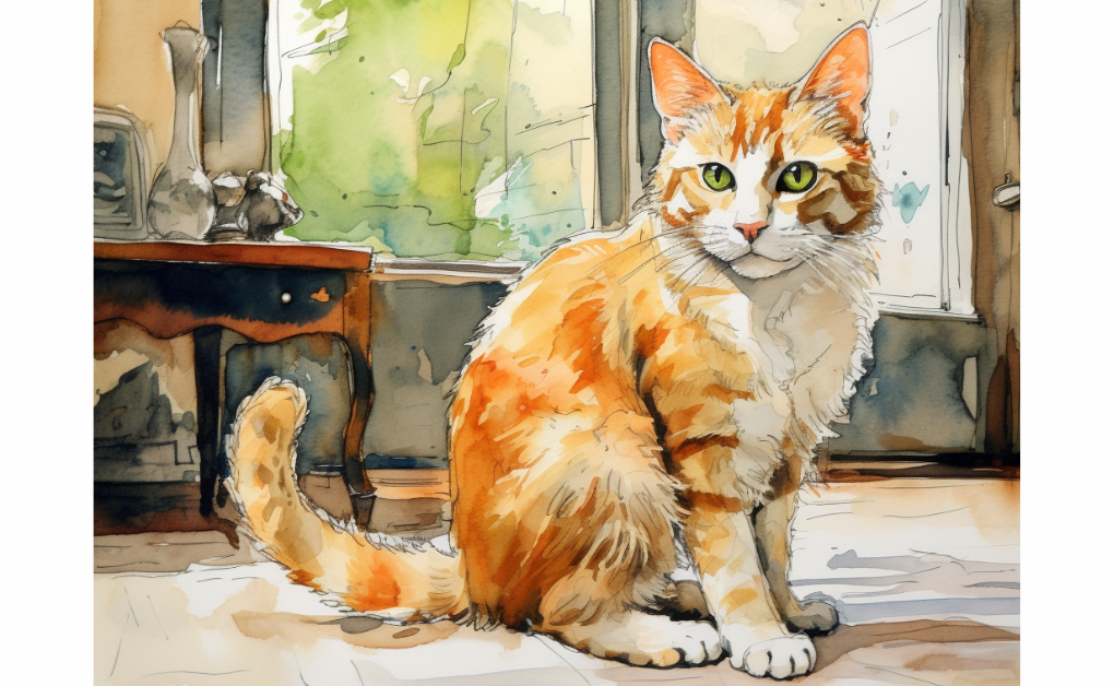 A watercolor painting of a cat sitting in front of a window, capturing the fluidity and graceful movement.