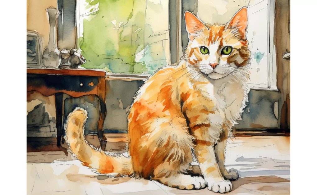 A watercolor painting of a cat sitting in front of a window, capturing the fluidity and graceful movement.