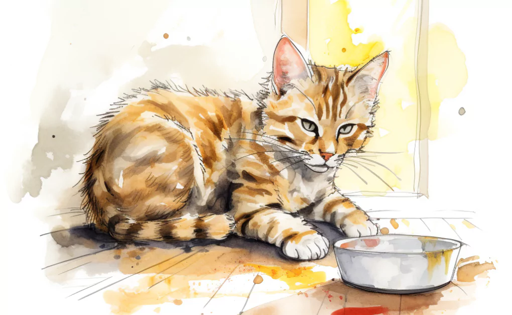A watercolor painting of a cat next to a bowl of food, highlighting their potential allergies or reactions to certain proteins.