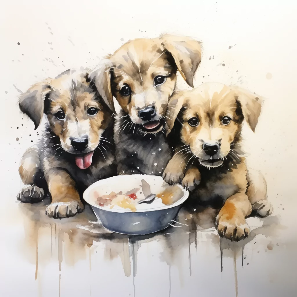 A watercolor painting capturing newborn puppies being cared for and fed.
