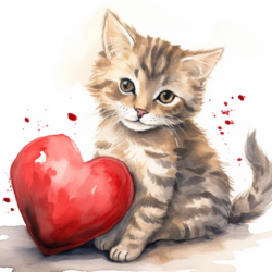 A watercolor illustration of a kitten with heart disease holding a red heart.