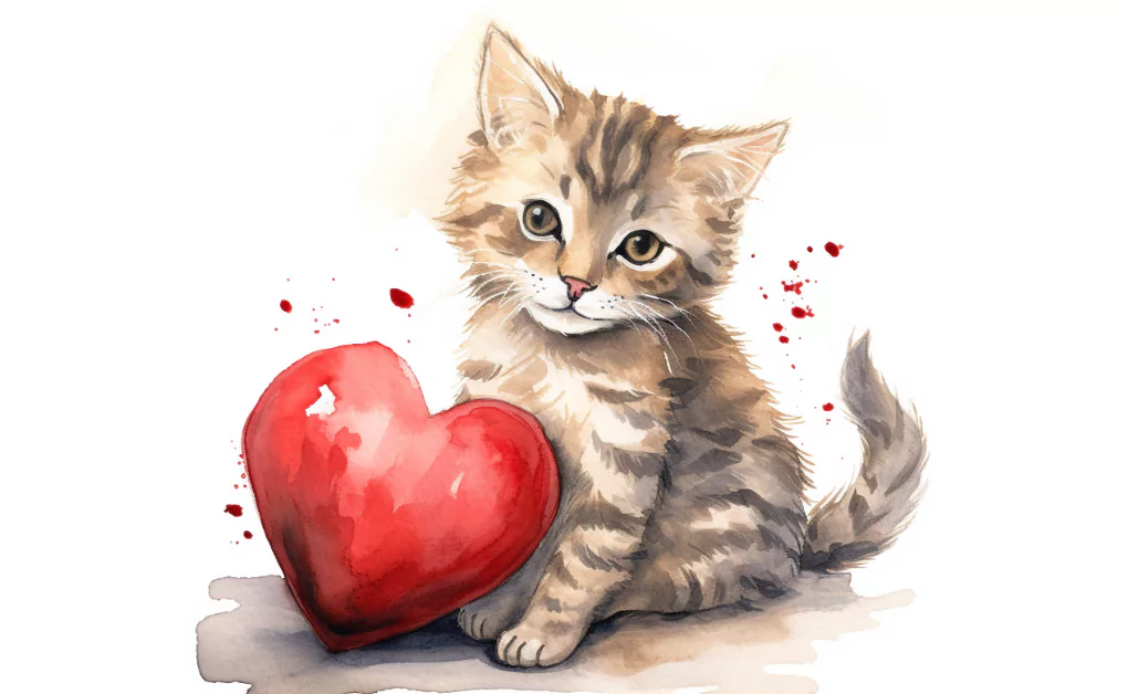 A watercolor illustration of a kitten with heart disease holding a red heart.