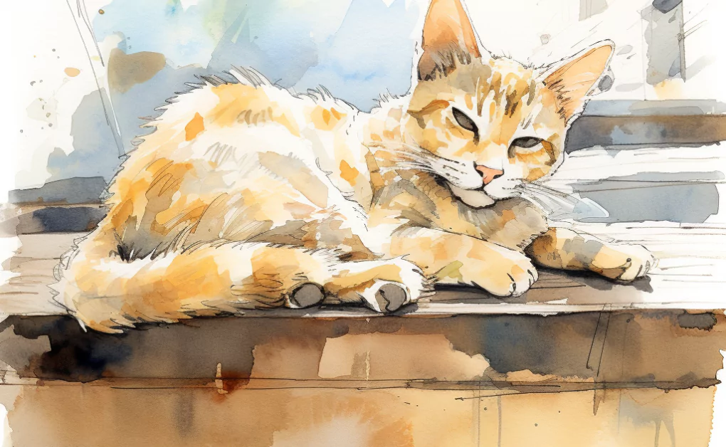 A watercolor painting of a cat laying on a ledge, inspired by hyperthyroidism.