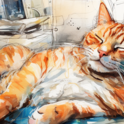 An orange cat in a watercolor painting.