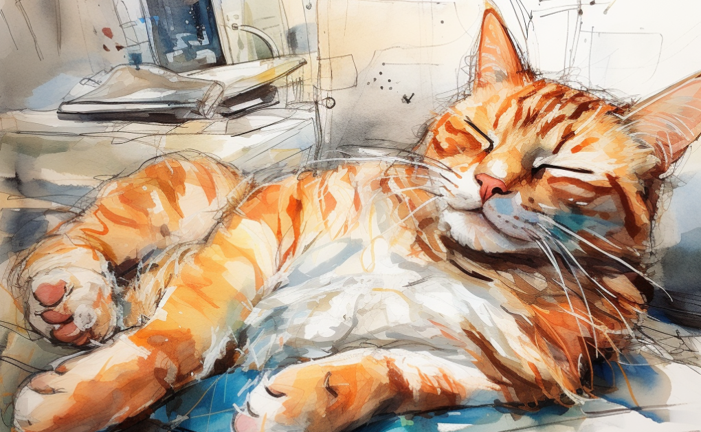 An orange cat in a watercolor painting.