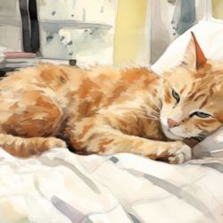 A watercolor painting of a cat on a bed.