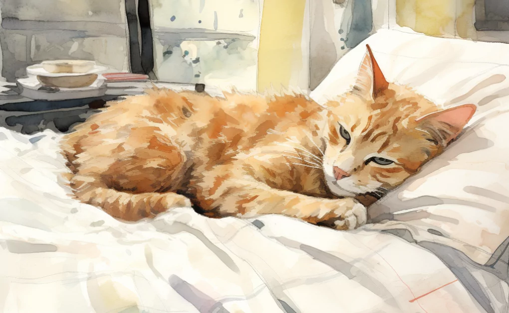 A watercolor painting of a cat on a bed.