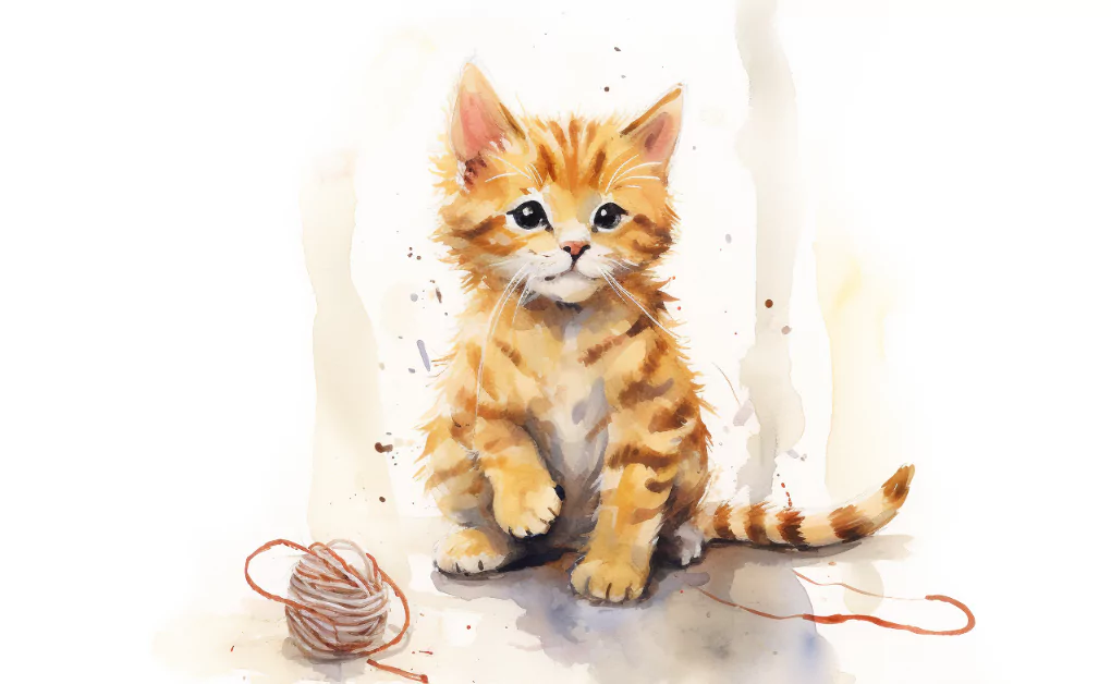 A watercolor painting of a kitten playing with a ball of yarn.