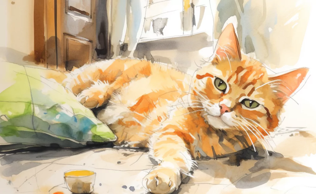 A watercolor painting of an orange tabby cat with feline leukemia virus, a cancer that affects cats' white blood cells and compromises their immune system.