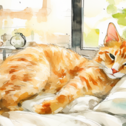 A watercolor painting of a cat on a bed, highlighting its orange fur.
