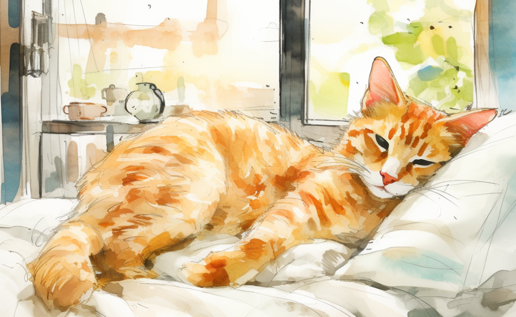 A watercolor painting of a cat on a bed, highlighting its orange fur.