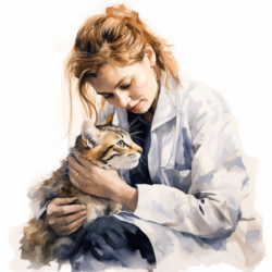 A watercolor painting of a woman holding a cat displaying nasal discharge.