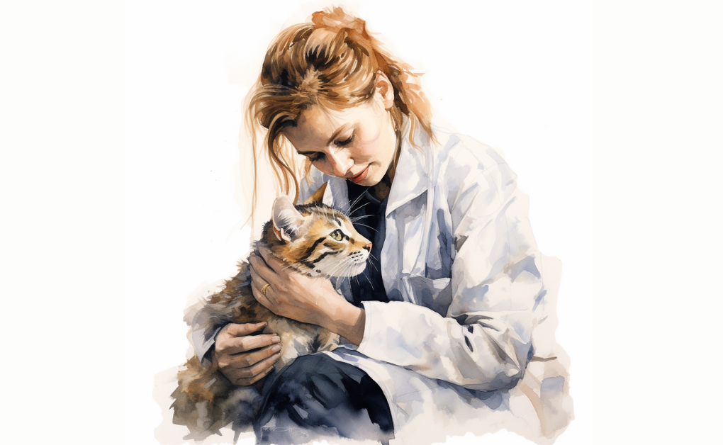 A watercolor painting of a woman holding a cat displaying nasal discharge.