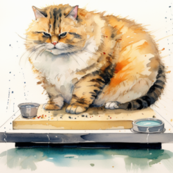 A watercolor painting of an overweight cat sitting on a table.
