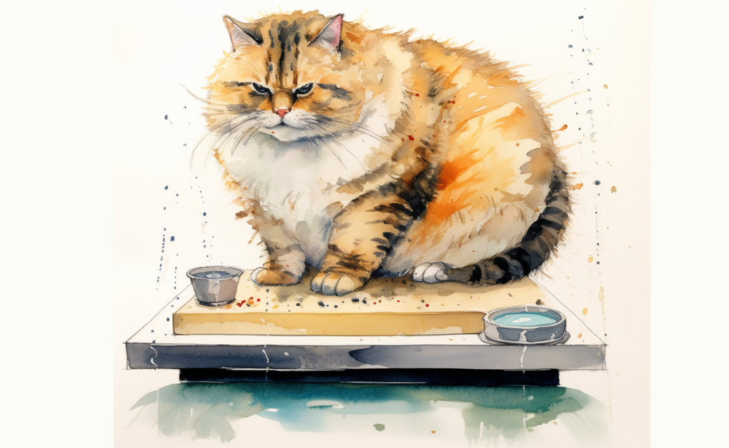 A watercolor painting of an overweight cat sitting on a table.