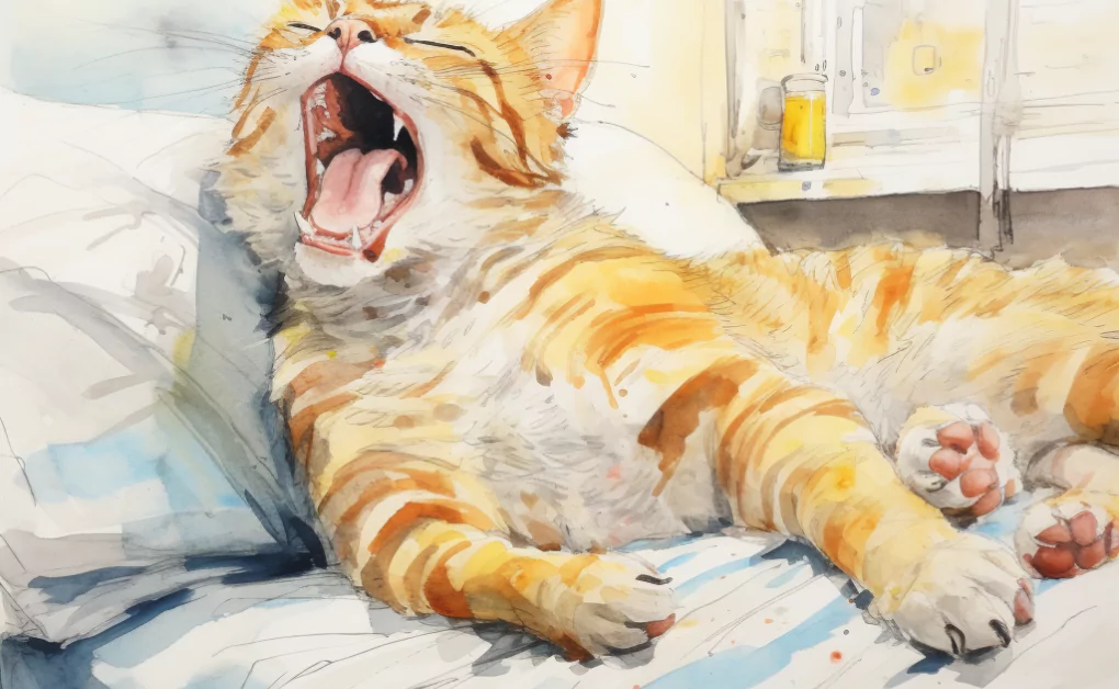 A watercolor painting of a cat yawning on a bed, showcasing the peacefulness and beauty of feline relaxation amidst oral masses in cats.