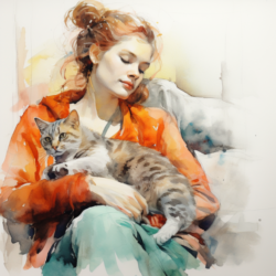A watercolor painting of a woman holding a cat.