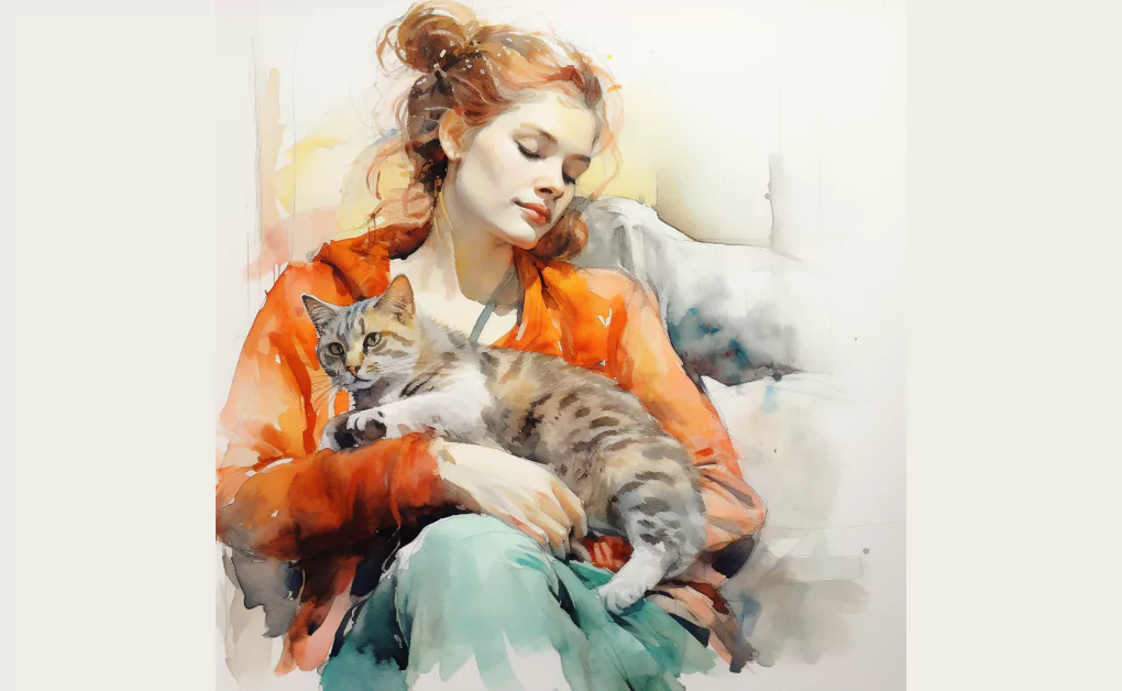 A watercolor painting of a woman holding a cat.