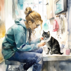 A watercolor painting of a woman petting a cat, depicting the bond between human and feline companionship.