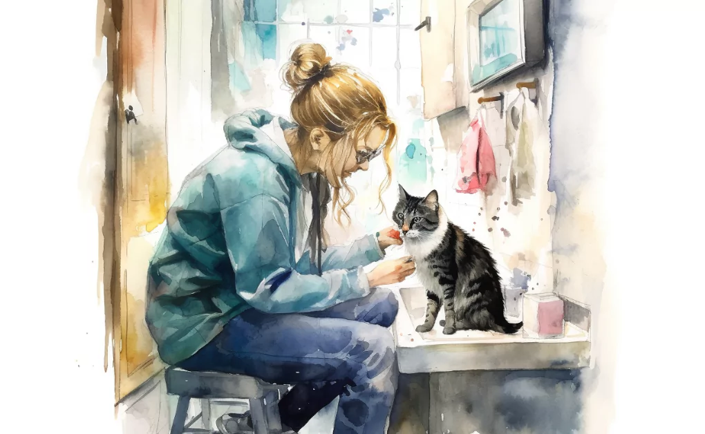 A watercolor painting of a woman petting a cat, depicting the bond between human and feline companionship.