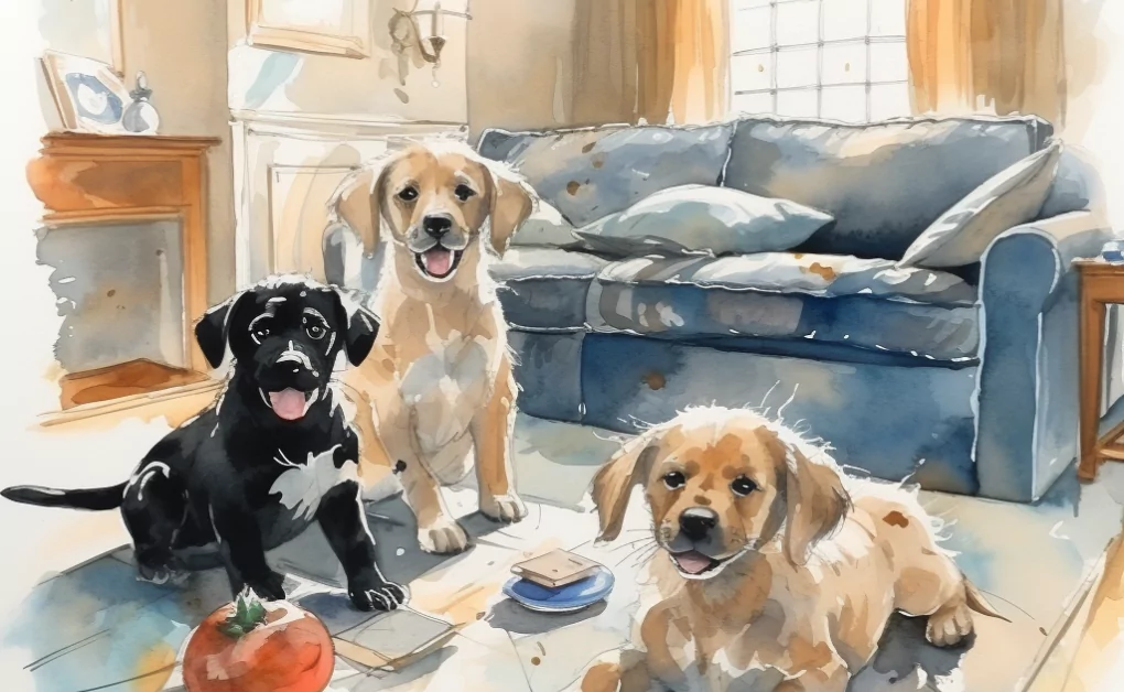 A watercolor painting of three golden retrievers highlighting puppy care.