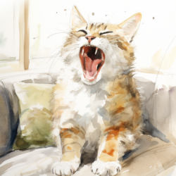 A watercolor painting of a cat with ulcers in its mouth and gums.