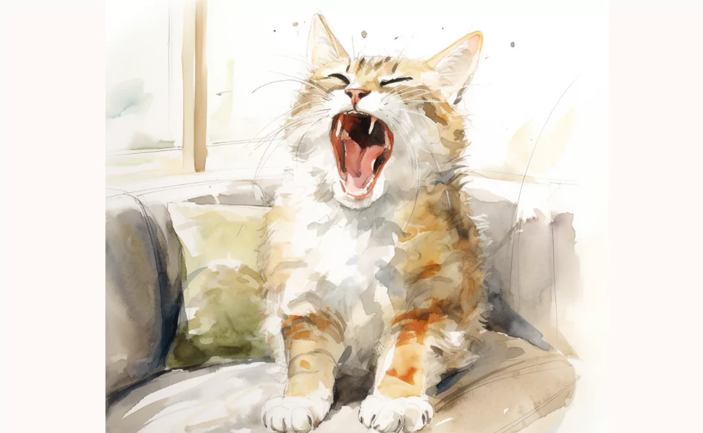 A watercolor painting of a cat with ulcers in its mouth and gums.