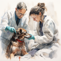 A watercolor painting depicting a veterinarian examining a dog with Intervertebral Disc Disease (IVDD).