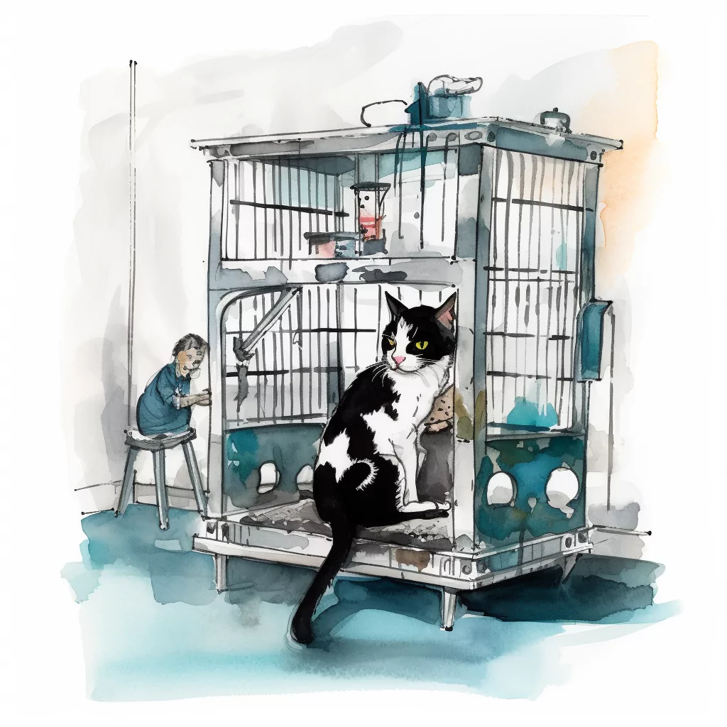 tuxedo cat in a cage receiving IV fluids in a veterinary 0b19aae2 fdf8 4be4 95f8 afce86e31a60.png