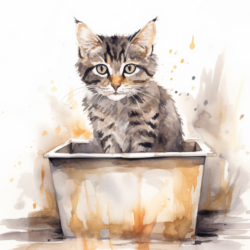 A watercolor painting of a kitten playing in a box.
