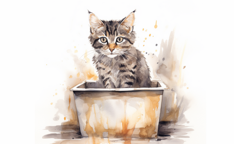 A watercolor painting of a kitten playing in a box.