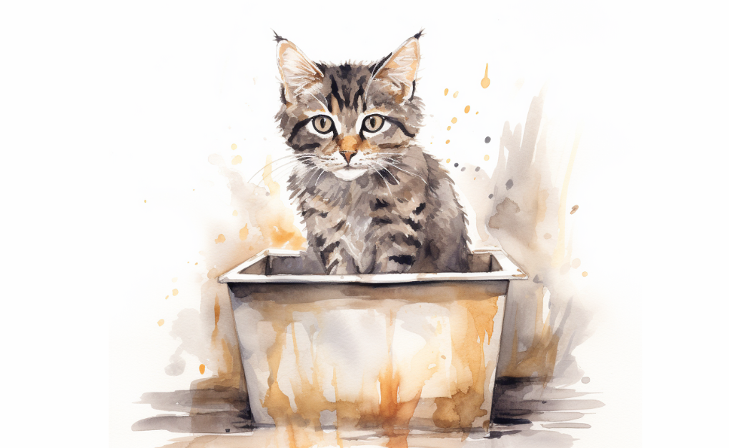 A watercolor painting of a kitten playing in a box.