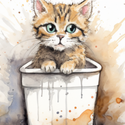 A watercolor painting portraying a kitten in a trash can, raising awareness about FLUTD, a urinary disease in cats.