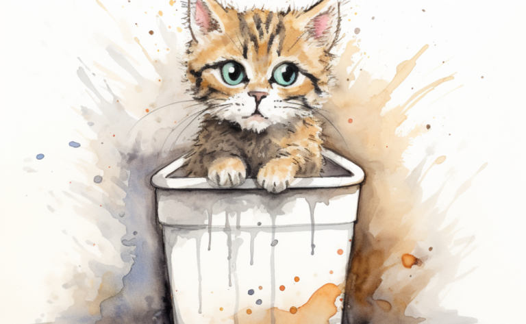 A watercolor painting portraying a kitten in a trash can, raising awareness about FLUTD, a urinary disease in cats.