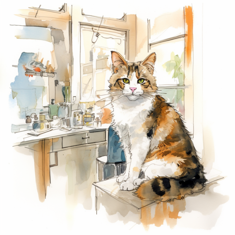 vadrgvet a cat sitting at the vet clinic loose watercolor sketc cbe7e64d 0aee 4196 aa7d 1ea62e1260e6