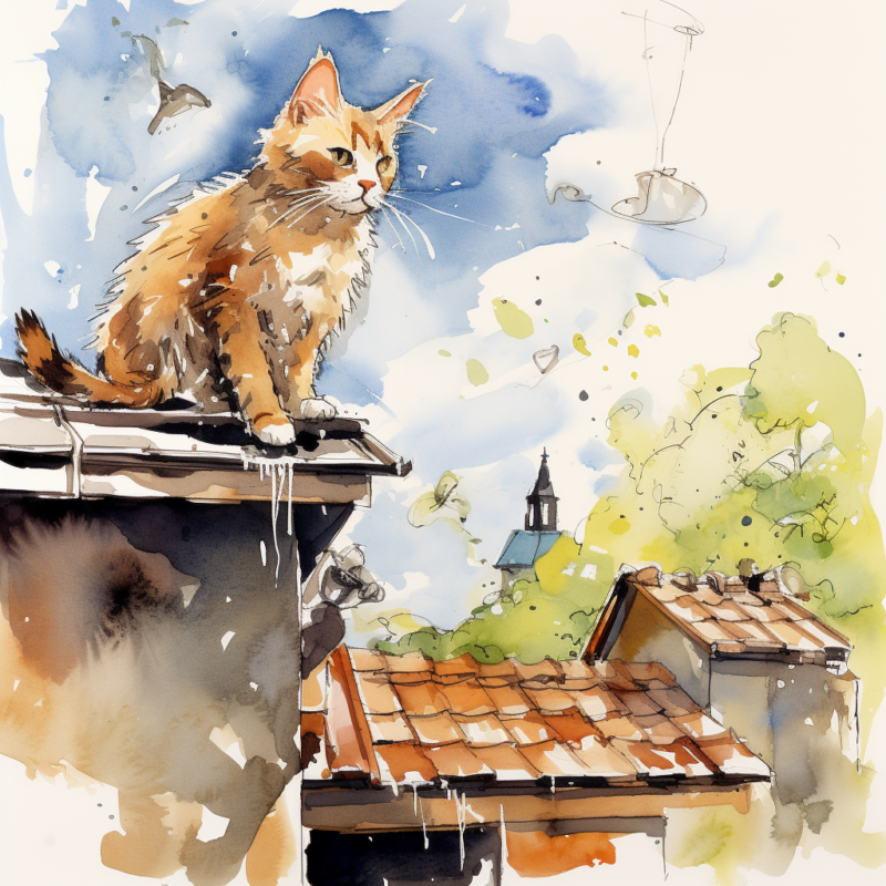 vadrgvet a cat walking on the roof of the house loose watercolo 796f6b0d 4c67 4b37 823b ac23468bf10f