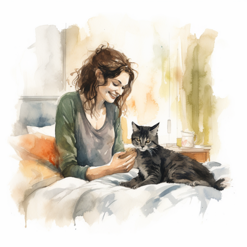 vadrgvet a woman petting a cat on the bed loose watercolor sket 917235c6 558b 4fcb b237 5acb88b3ceef