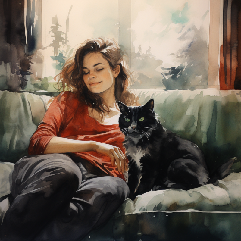 vadrgvet a woman touching a cat on the sofa loose watercolor sk d0d7d1ff a41f 4063 9456 cb34049d9ef2
