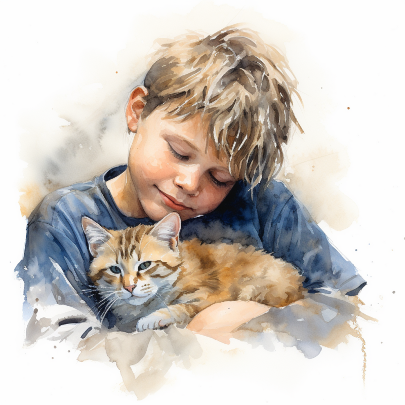 vadrgvet a young boy cuddling a cat loose watercolor sketch mil 01e03133 db7c 491b b39e 010461d5648f