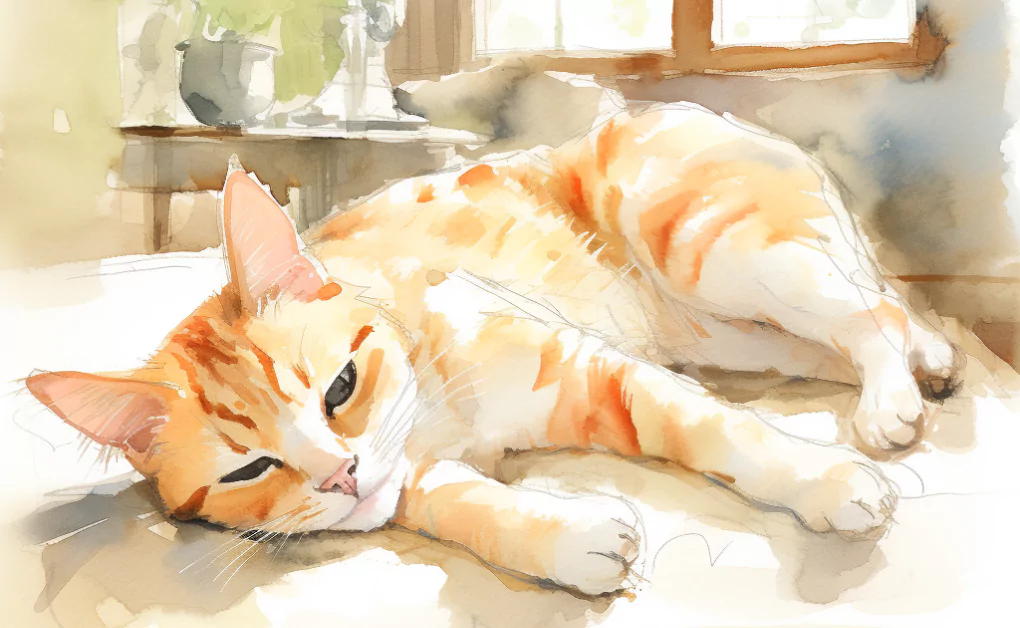 A watercolor painting of a cat on a table.