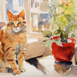A watercolor painting capturing the feline grace of a cat beside a potted plant.