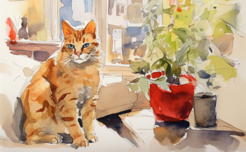 A watercolor painting capturing the feline grace of a cat beside a potted plant.