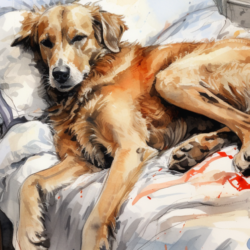 A painting depicting a dog on a bed, exploring themes related to neurological disorders.