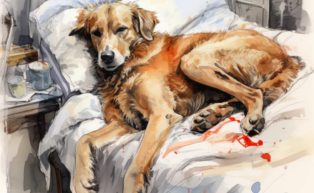 A painting depicting a dog on a bed, exploring themes related to neurological disorders.
