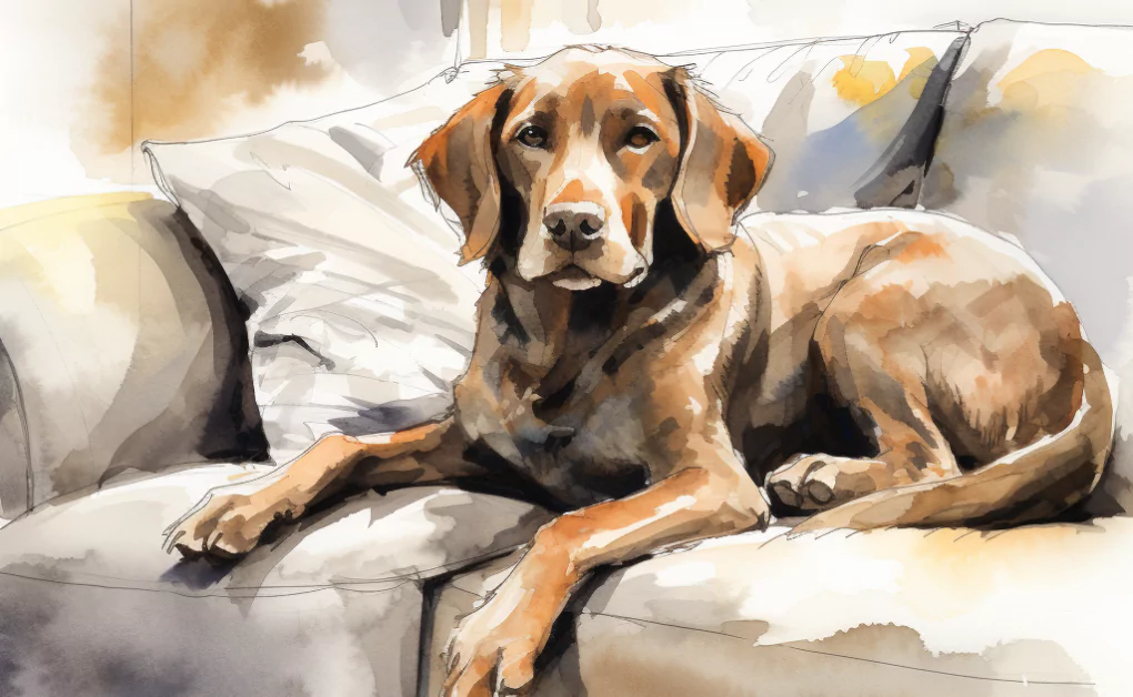 A watercolor painting of a vaccinated dog on a couch.