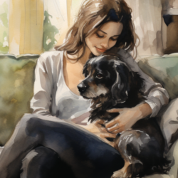 A watercolor painting of a woman sitting on a couch with her dog depicting early signs of health problems in dogs.