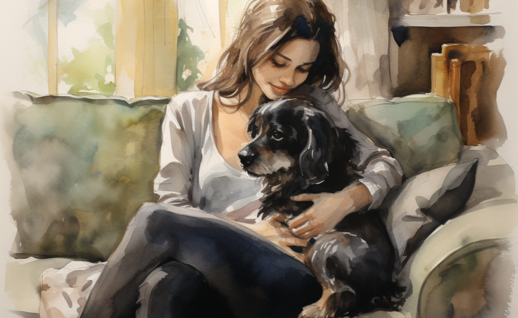 A watercolor painting of a woman sitting on a couch with her dog depicting early signs of health problems in dogs.